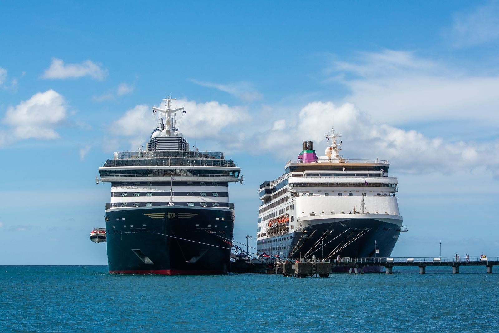 Two cruise ships moored side by side at a long pier